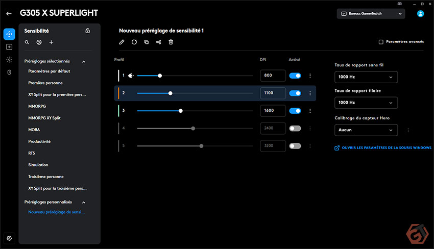 Réglage de la sensibilité et du polling-rate sur Logitech G Hub