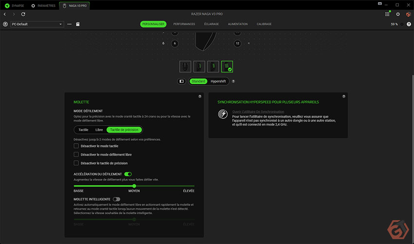 Réglages des options de la molette Razer HyperScroll V2